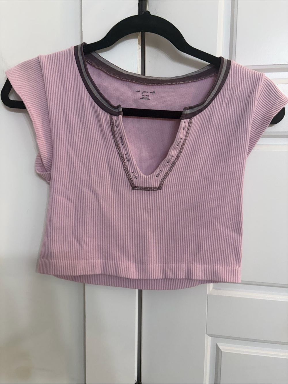 Urban Outfitters Light Pink Ribbed V-Notch Crop Top with Contrast Trim